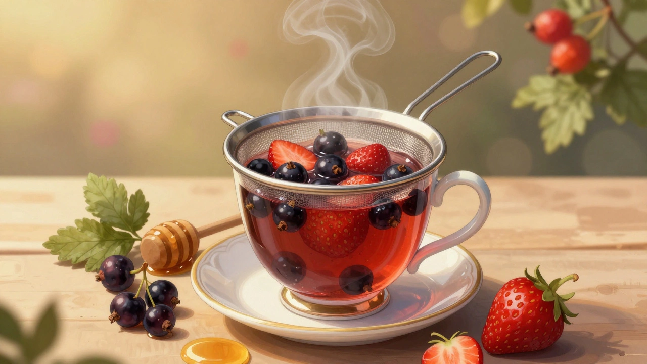 Teplý nápoj z černého rybízu a jahod s medem v hrnku, okolo čerstvé bobule.
