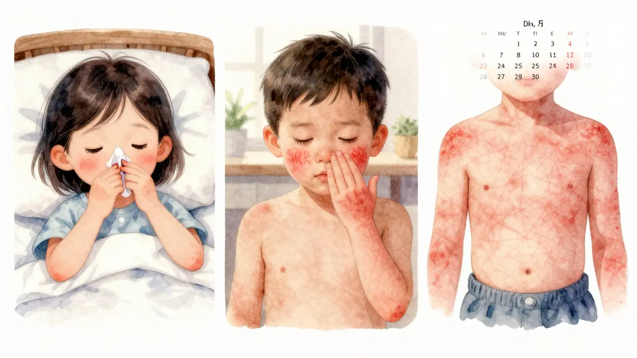 Tři fáze infekčního erytému: rýma, červené tváře a síťová vyrážka na těle.