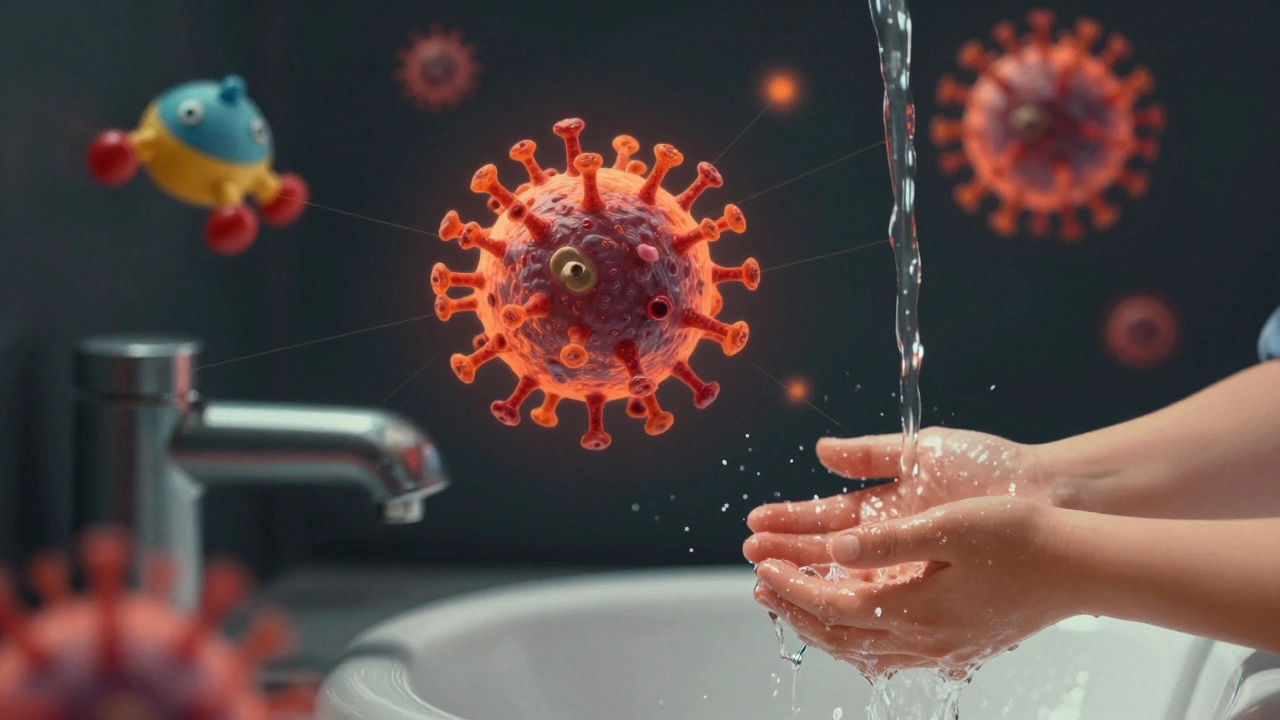 Virus Coxsackie se šíří mezi hračkami a rukama, zatímco někdo myje ruce.