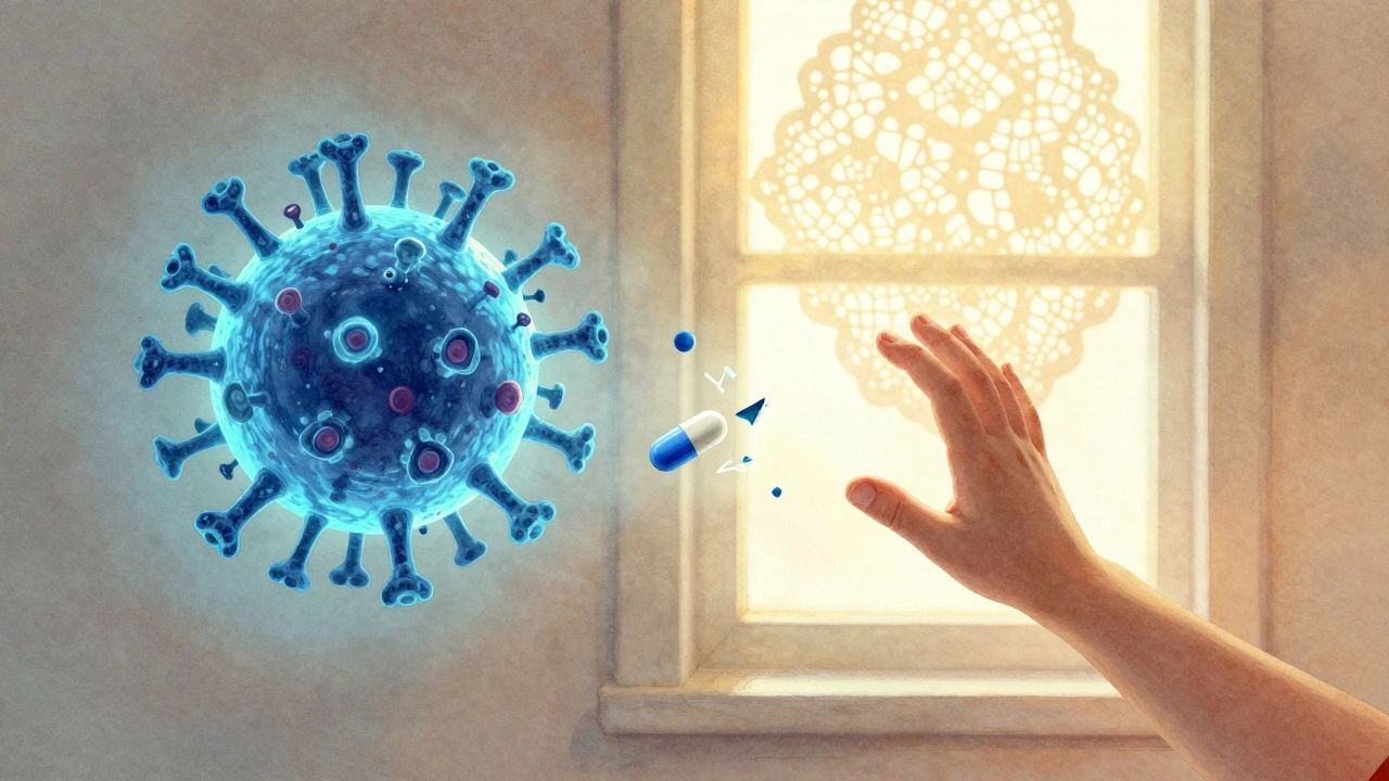 Virus vedle rozbité antibiotikum, na zdi se objevuje síťová výrůstka.