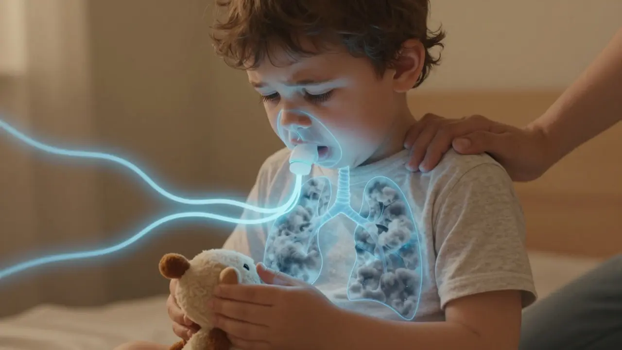 Abstraktní znázornění plic dítěte s blokovaným tokem kyslíku a tekutinou v plicích, rodič drží dítě v náručí.