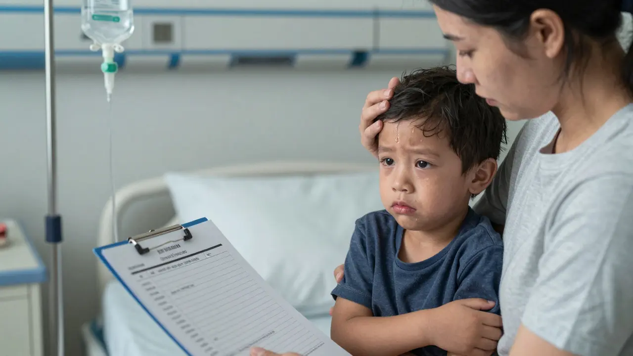 Dehydratované dítě v klinice s infuzí, rodič se dívá s úzkostí.