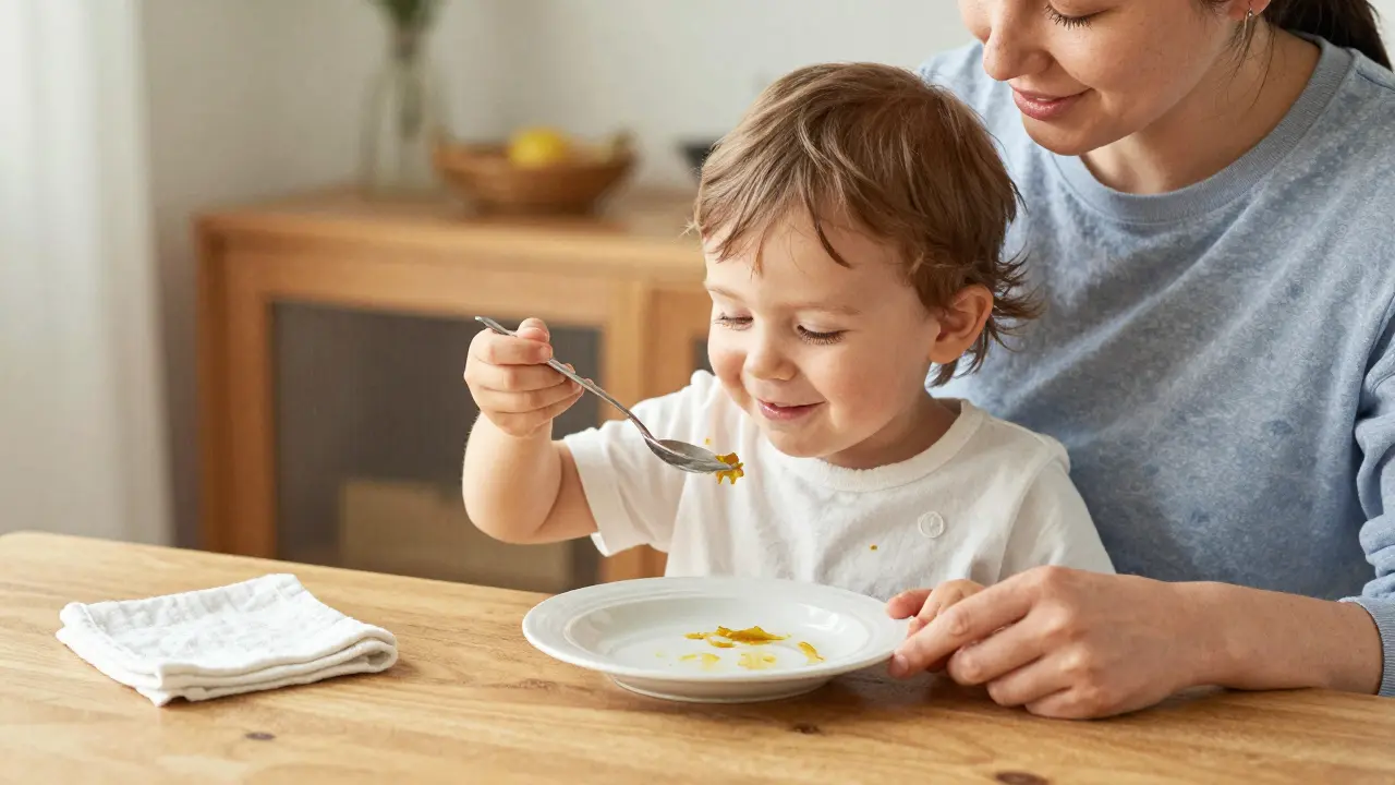 Dítě a rodič společně jedí z lžíce, dítě má šmouhu na košili, teplé osvětlení, klidná domácí scéna.