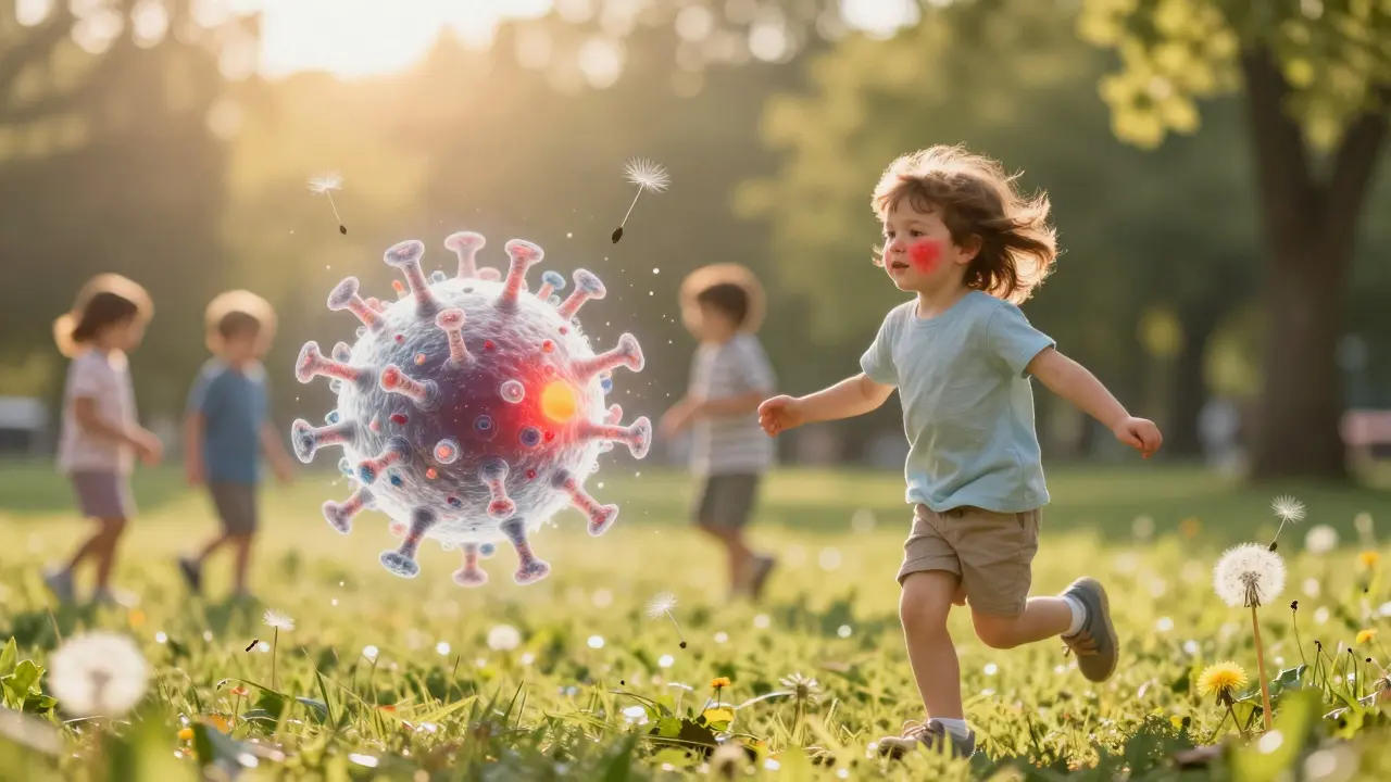 Dítě běží v slunečném parku, vyrážka na tvářích se září, virus se rozptýlí.