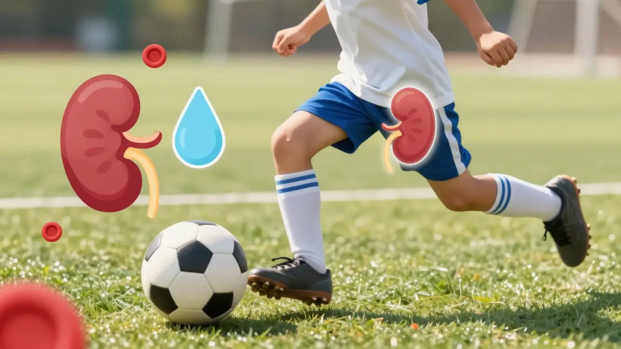 Dítě hraje fotbal, symbolické červené krvinky ukazují krev v moči po sportu.