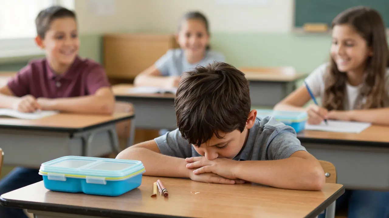 Dítě sedí osaměle ve třídě, hlavu má skloněnou, kamarádi jsou rozostření v pozadí.