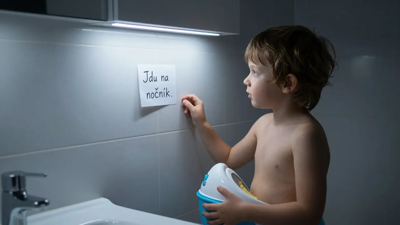 Dítě stojí v koupelně s nočníkem a dívá se na nápis 'Jdu na nočník' na zdi.