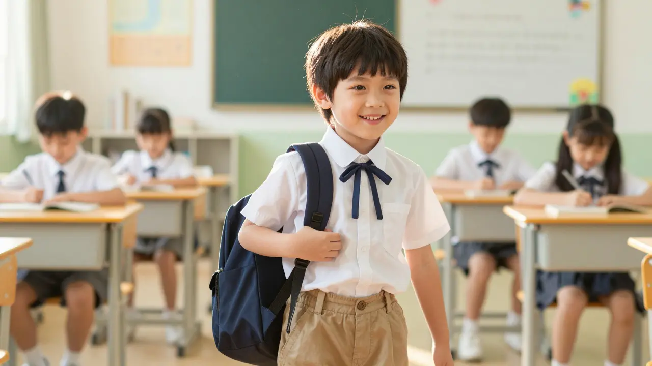 Dítě vstupuje do třídy po léčbě angíny, směje se.