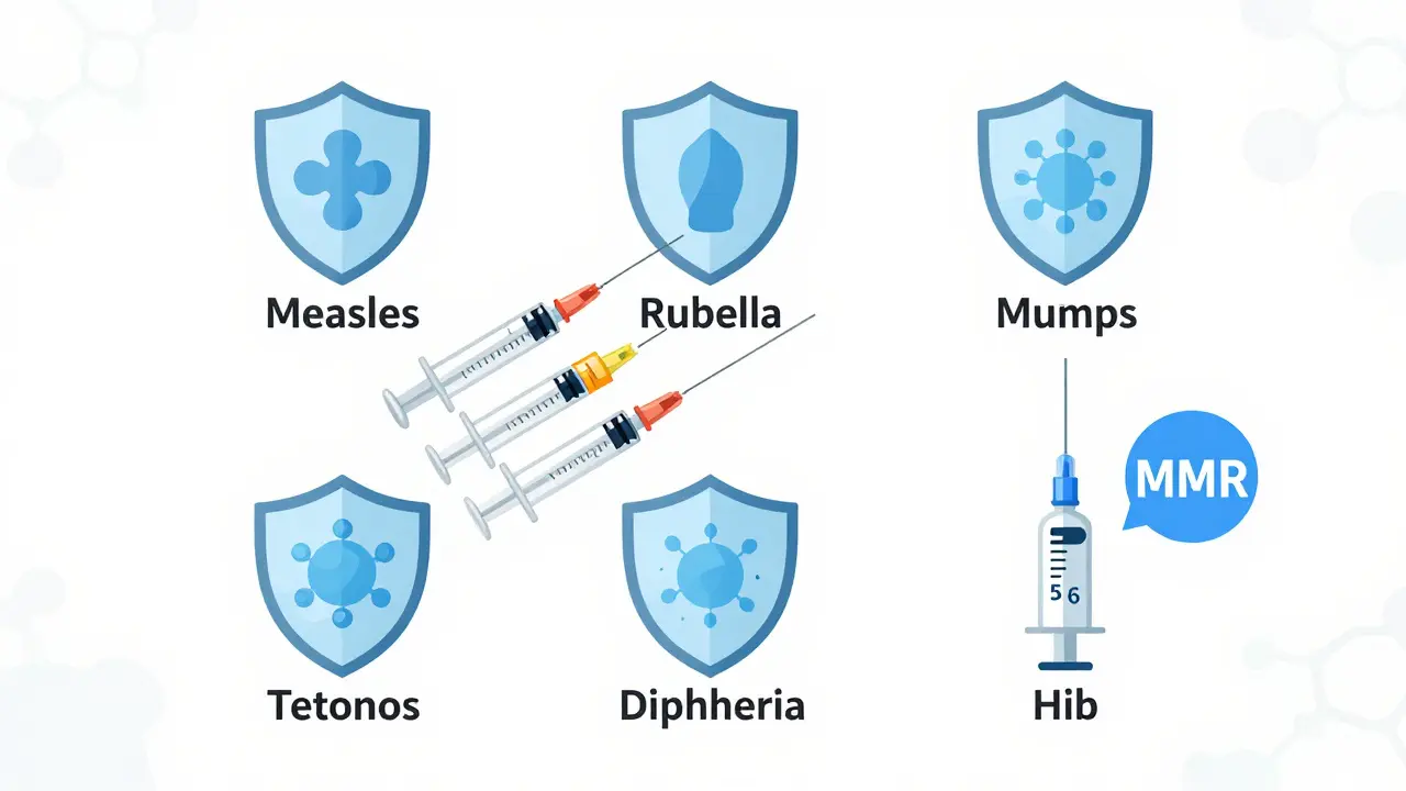 Ilustrace imunitní odpovědi dítěte na tři hlavní dávky vakcíny Hexa a jedno doplnění ve věku 5-6 let.