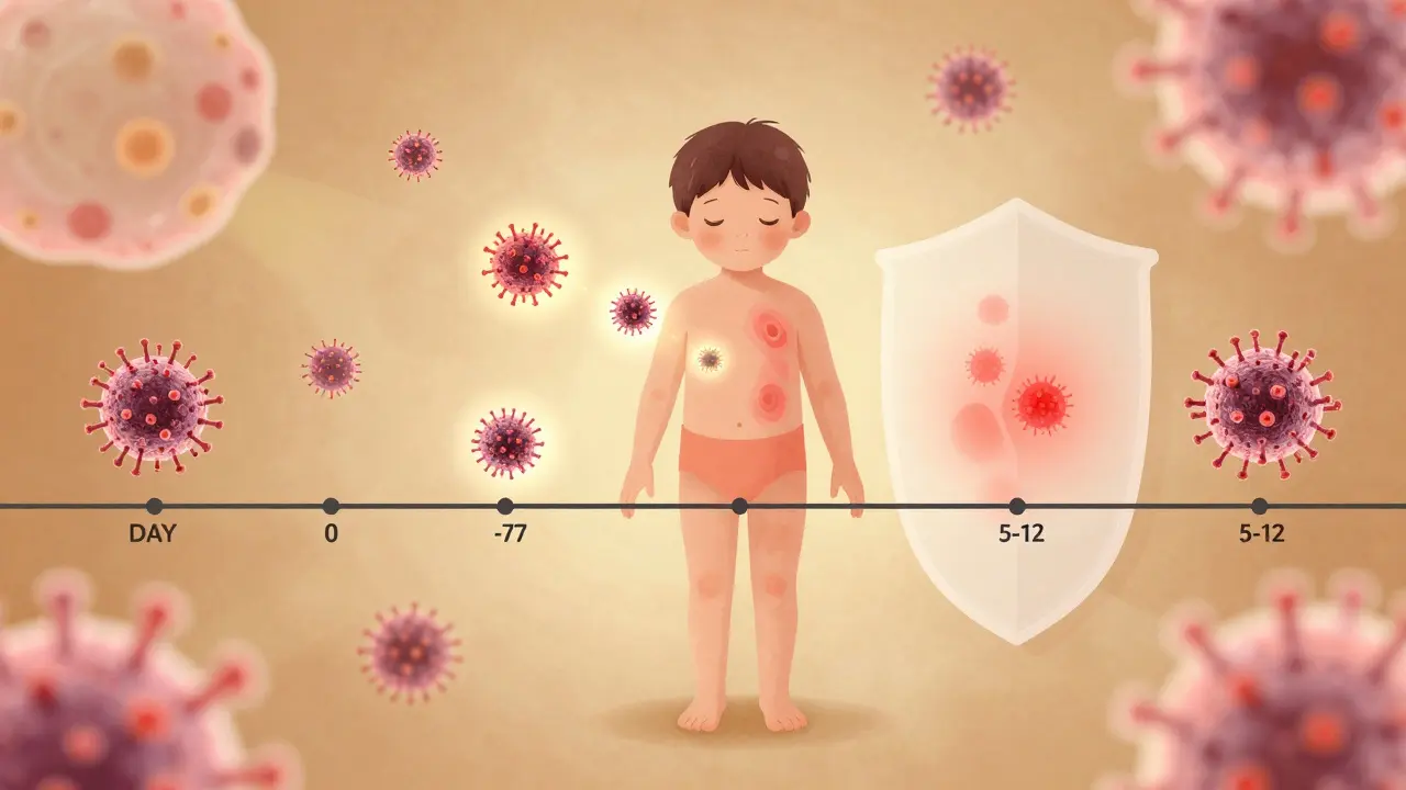 Ilustrace imunitní reakce na MMR: virové částice se množí v lymfatických uzlinách a vyvolávají horečku a vyrážku.