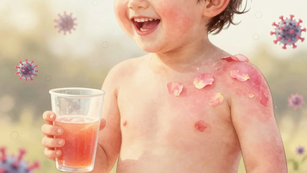 Jemná růžová vyrážka se rozšiřuje po těle dítěte, které pije šťávu.