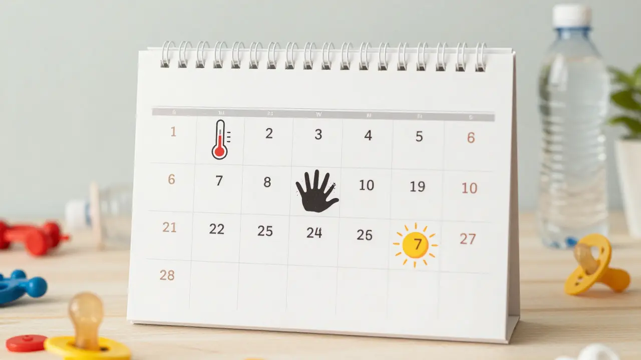 Kalendář ukazuje 7 dní virové infekce s ikonami horečky, vyrážky a slunce.