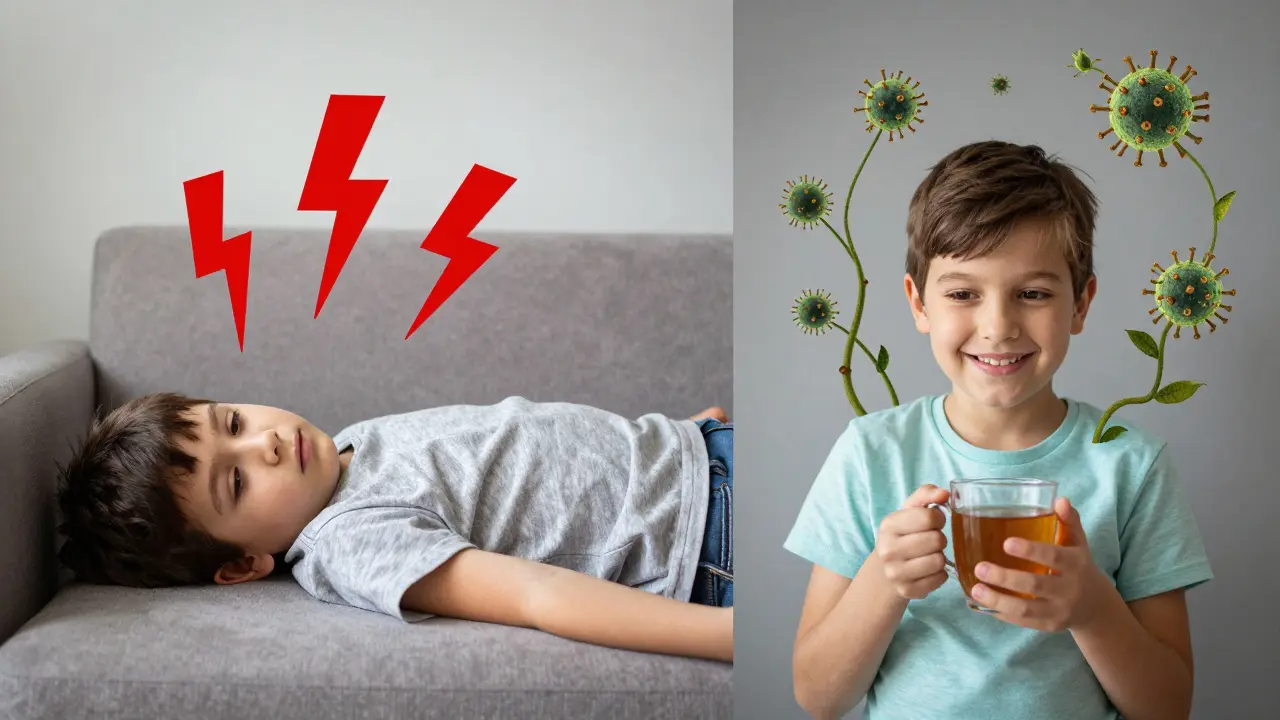 Konceptuální obrázek: vlevo náhlá chřipka s únavou, vpravo postupná virová infekce s udrženou aktivitou.