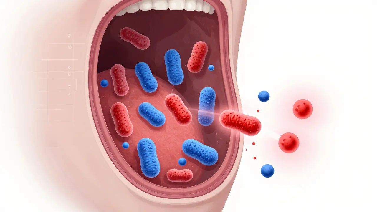 Křížový řez krku s bakteriemi ničenými antibiotiky.