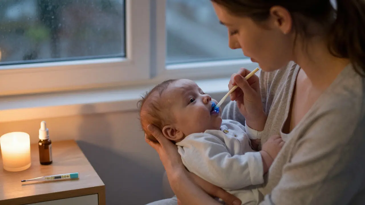 Matka krmit kojence, jeho rty jsou mírně modré, v pozadí jsou léky a teploměr na nočním stolku.