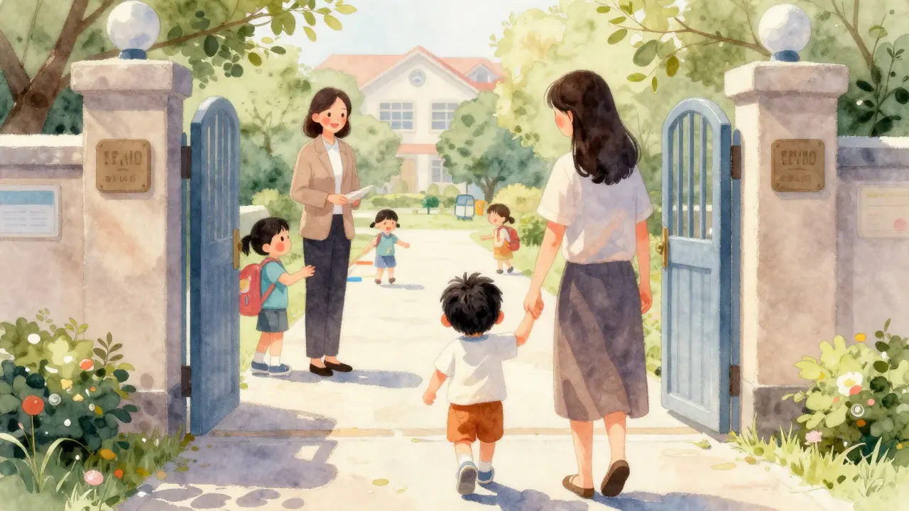 Matka vede dítě do mateřské školy s růžovými líčky, učitelka je vítá s úsměvem.