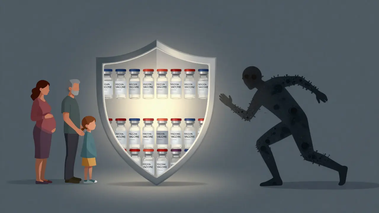 Očkovací štít chrání skupinu lidí před temným virem spaly, symbolizující kmenovou imunitu.