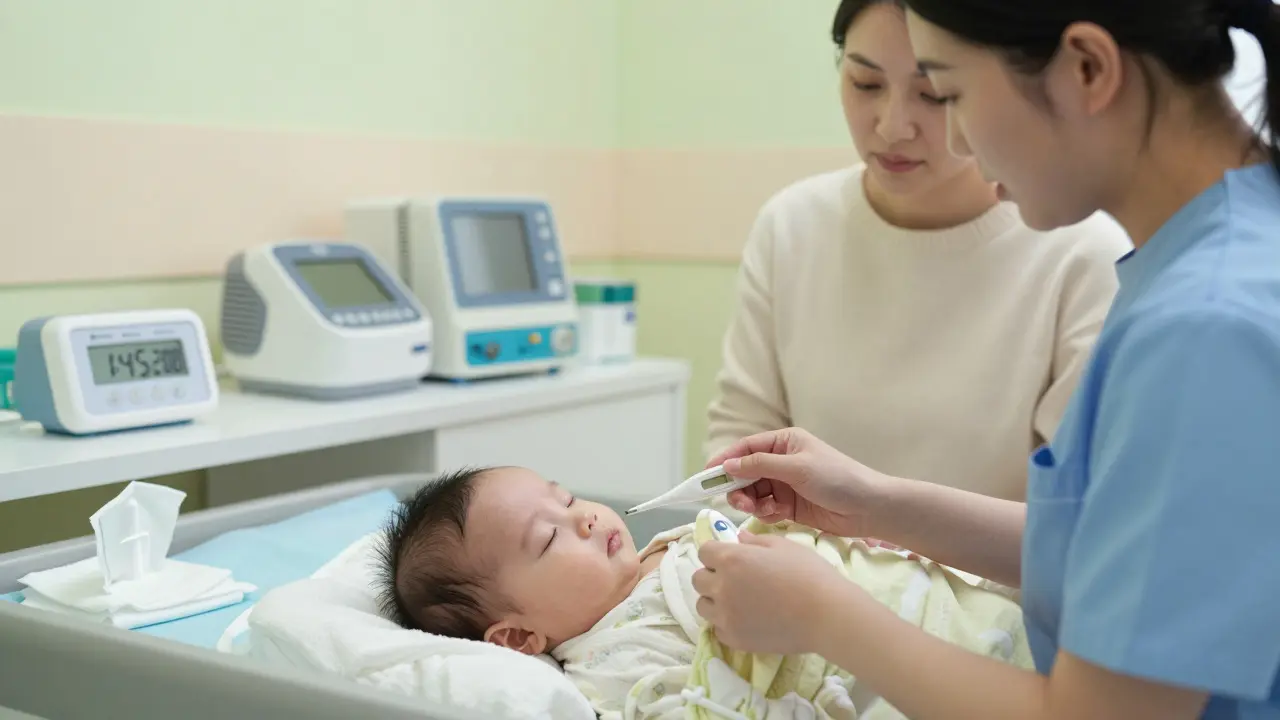 Ošetřovatelka správně umisťuje rektální teploměr u spícího kojence v klinice.