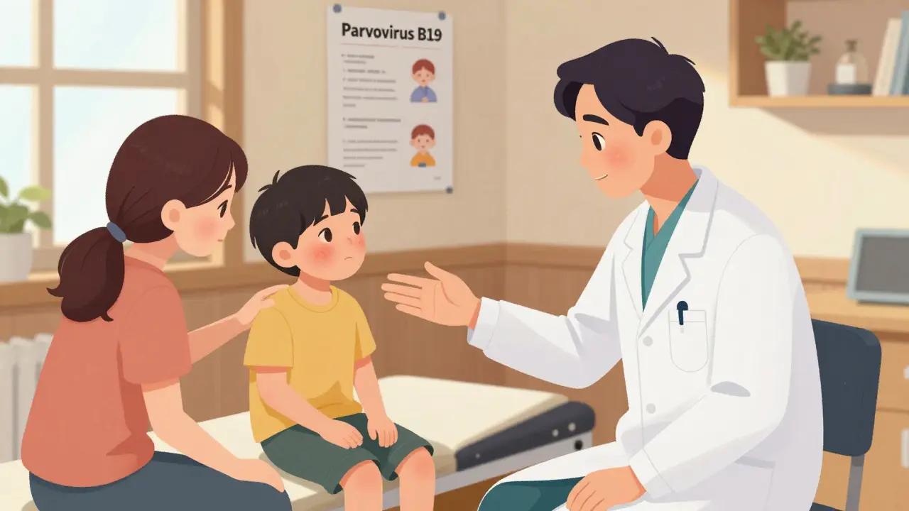 Pediátr vysvětluje rodiči, že dítě s vyrážkou už není nakažlivé.