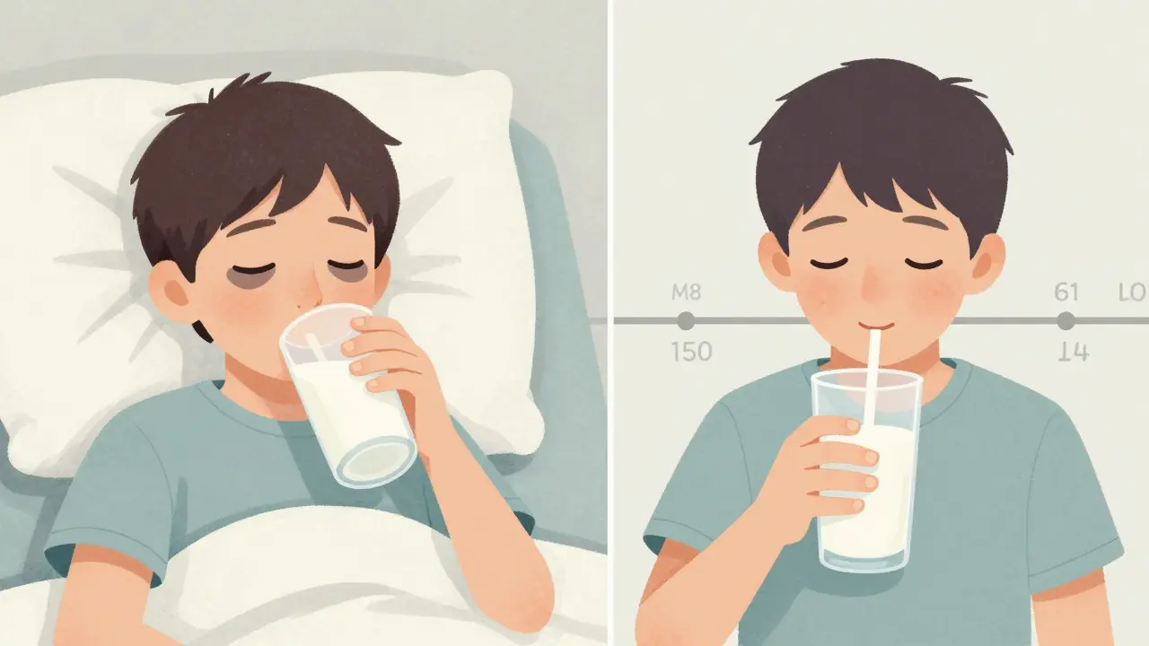 Porovnání dvou scén: dítě pije mléko před spaním vs. vodu dříve večer.