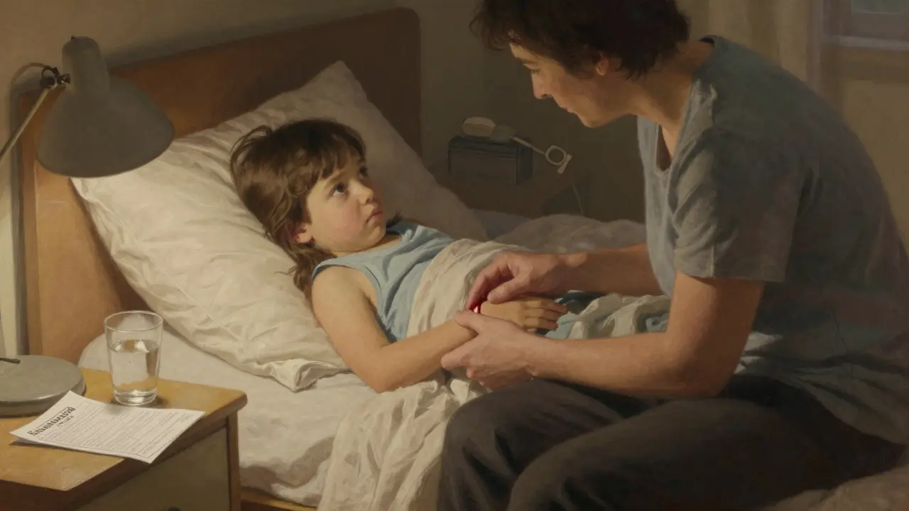 Rodič a dítě sedí v posteli, klidně si povídají o moči s sklenicí vody na nočním stolku.