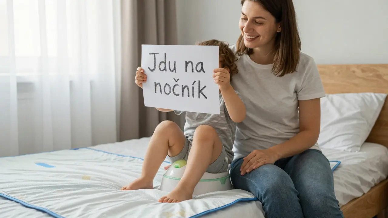 Rodič a dítě spolu na posteli, dítě drží papír s nápisem o nočníku.