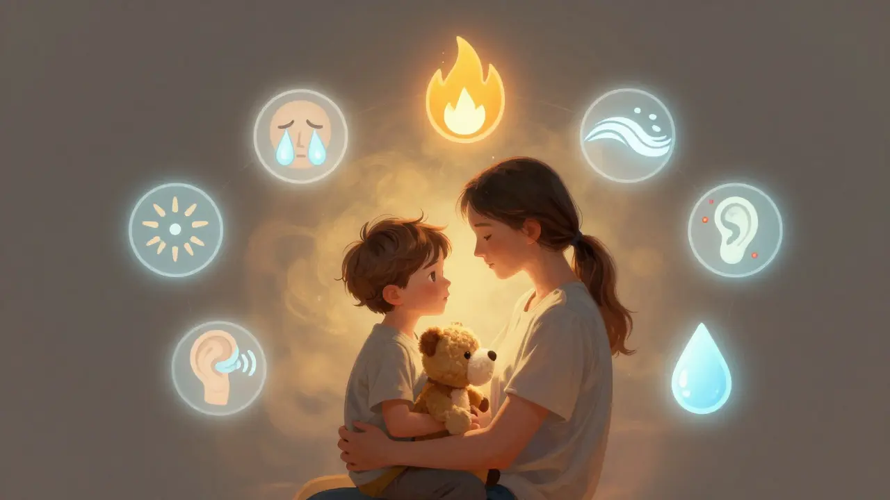 Rodič drží dítě, zatímco sedm příznaků nemocí se mění v světlo.