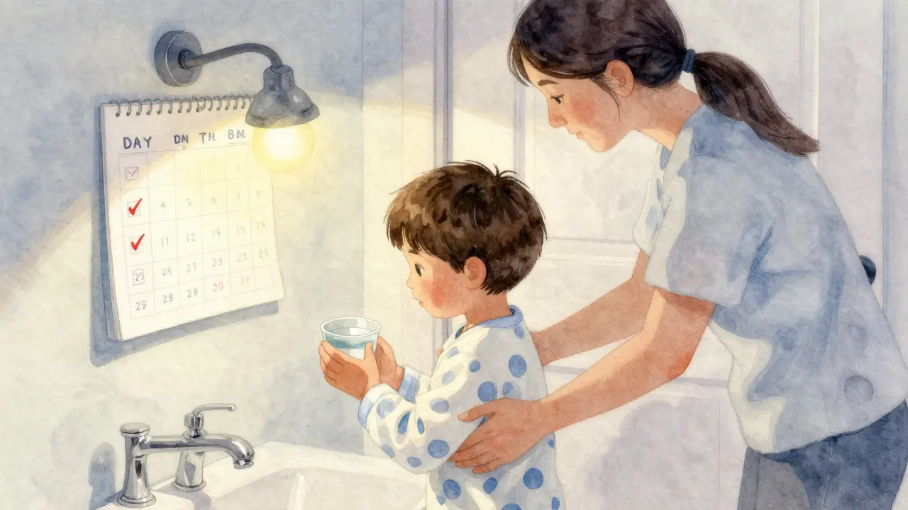 Rodič vede dítě do koupelny před spaním s malou sklenicí vody.