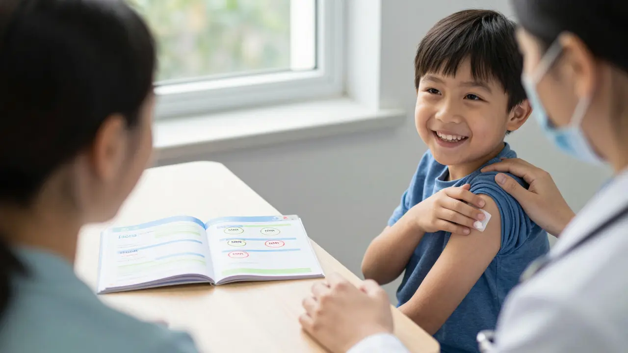 Šestileté dítě dostává poslední dávku očkování, rodič drží jeho ruku, očkovací průkaz je otevřený na stole.