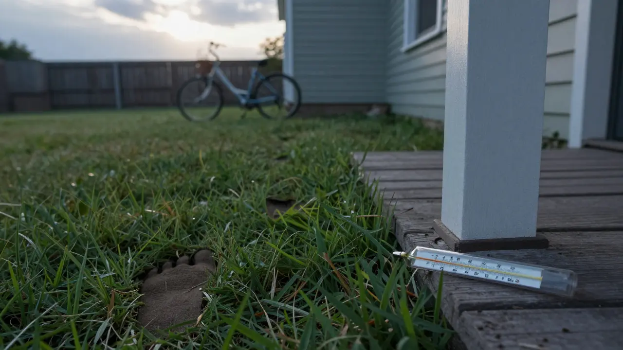 Stopy dítěte v trávě vedou od domu, teploměr na prahu — klidný návrat k běžnému životu.