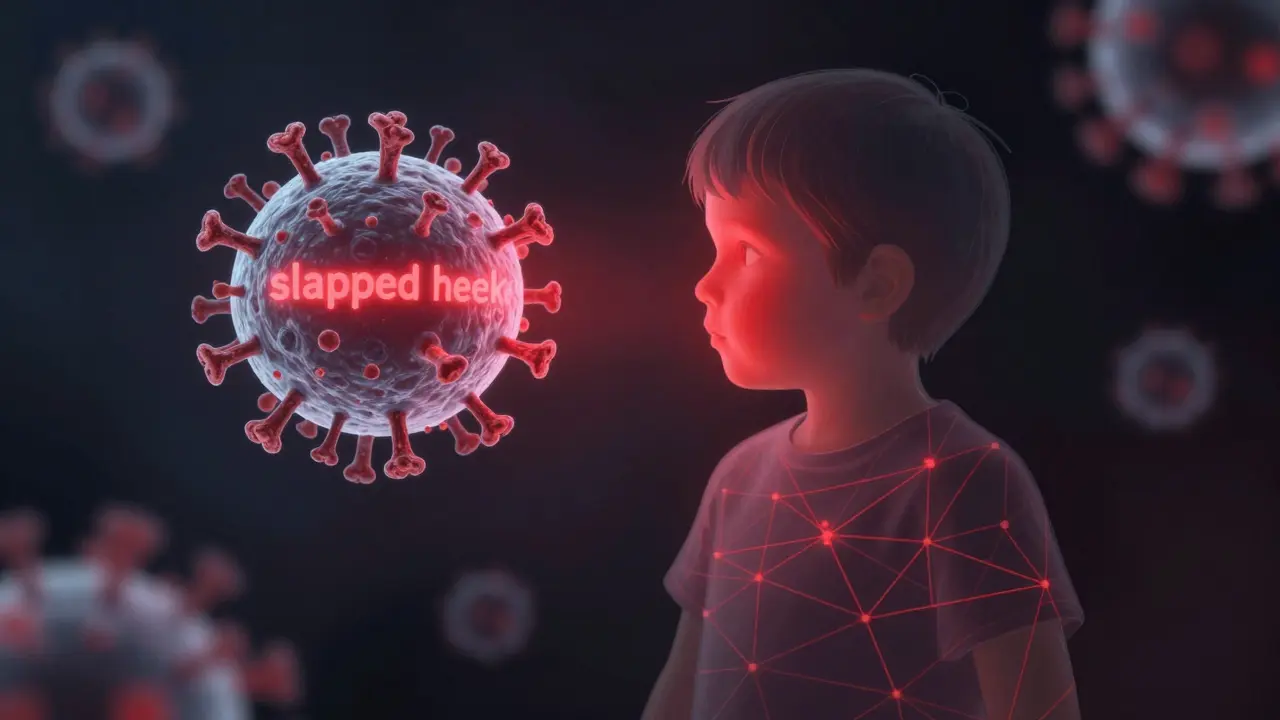 Symbolický obraz viru vedle dítěte s červenou vyrážkou na obličeji a těle.