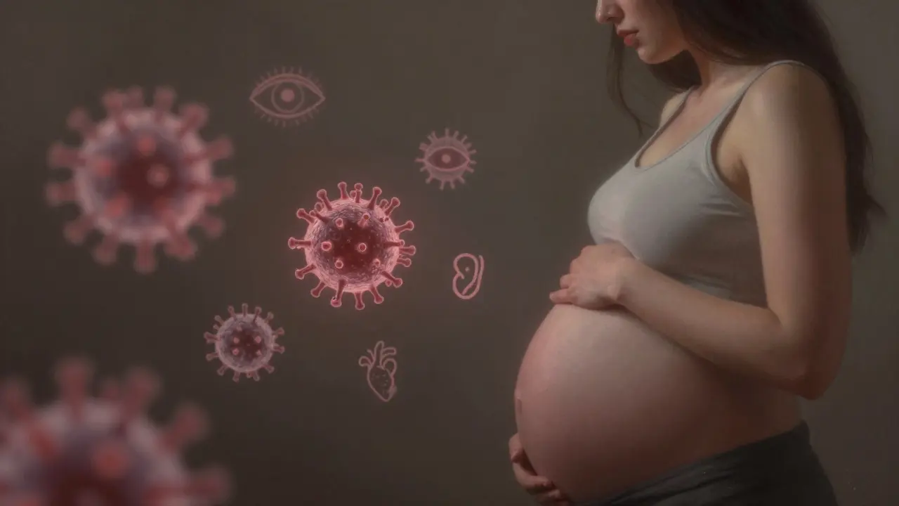 Těhotná žena s představou viru a rizik pro plod, symbolicky znázorněno jemnými ikonami.