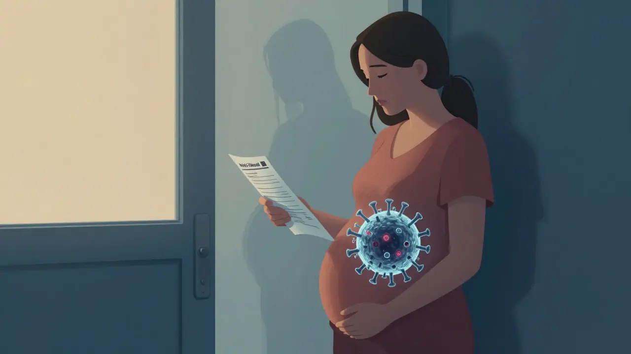 Těhotná žena stojí před klinikou, v blízkosti jejího břicha je vidět průhledný virus.