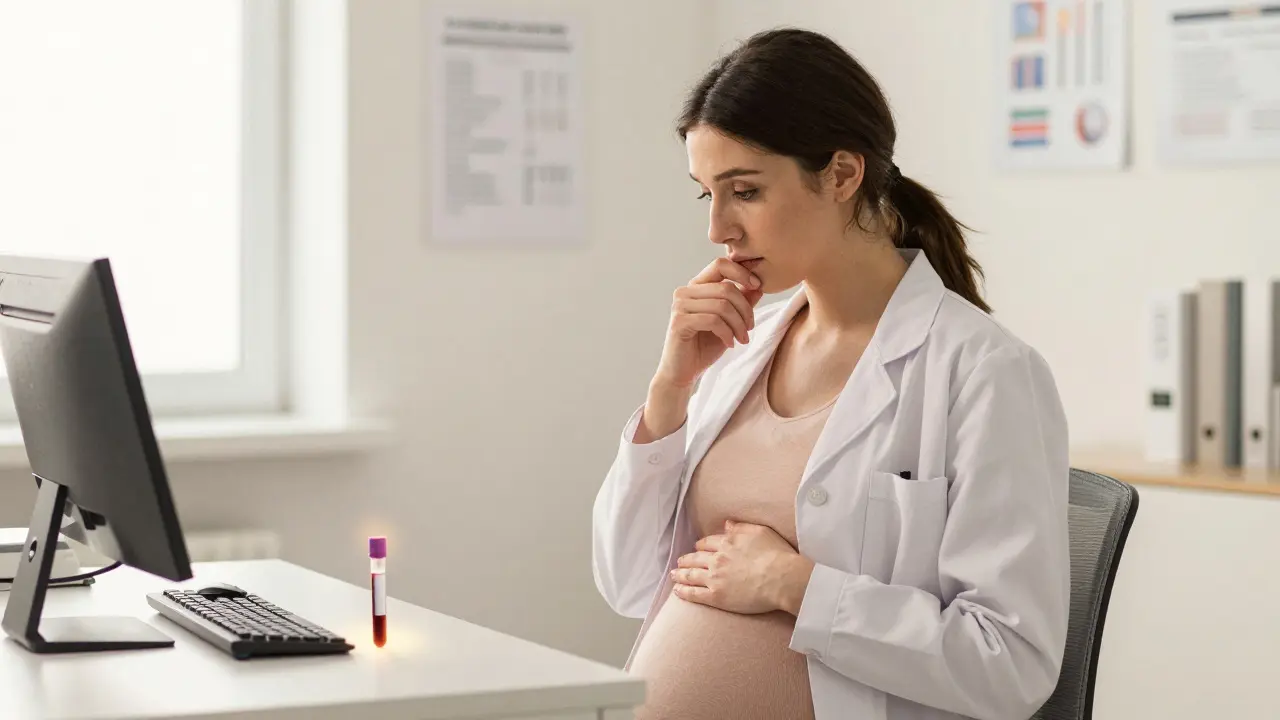 Těhotná žena v ordinaci s krevní zkouškou na stole, ruce na břiše.