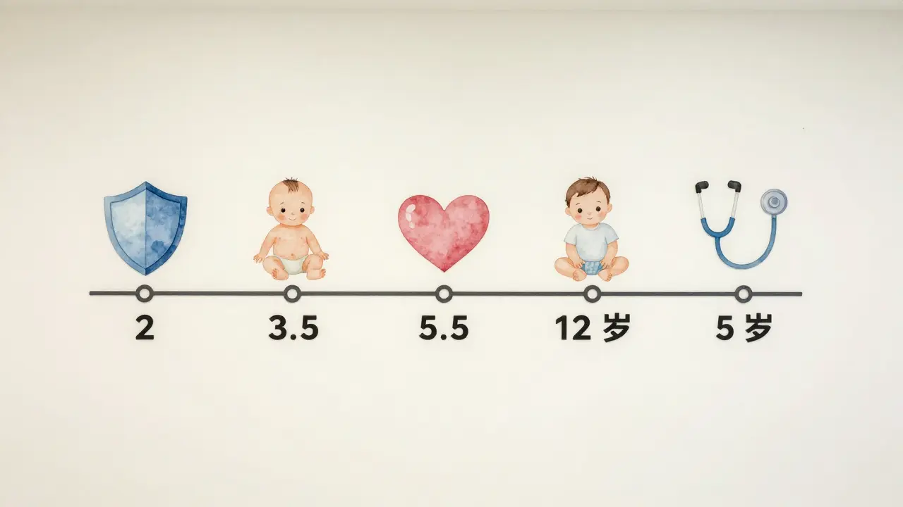 Timeline of childhood vaccinations from infancy to age five, shown with icons.