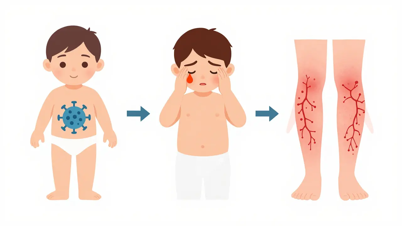 Tři fáze páté nemoci: vir, příznaky a výrůstek, znázorněné jednoduchými ikonami.