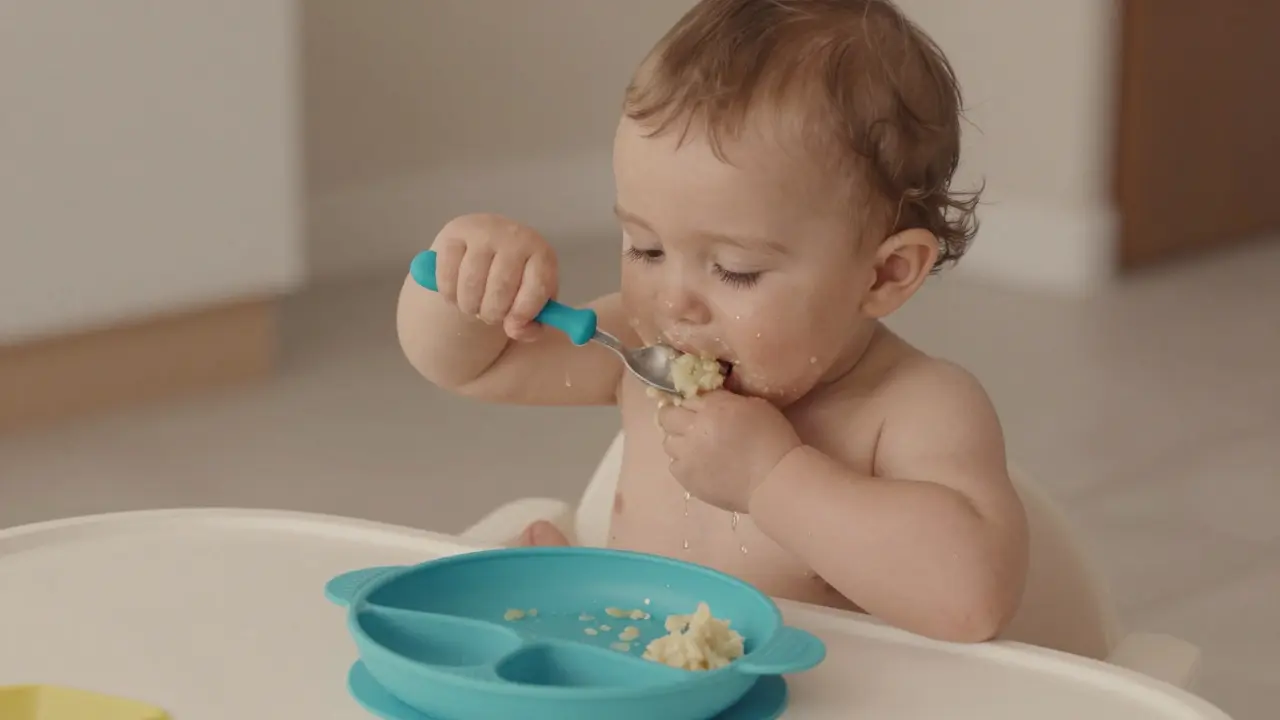 Třináctiměsíční dítě s lžíci s kaší, která se roztéká po ruce, stojí u stolu s neklouzající misec.
