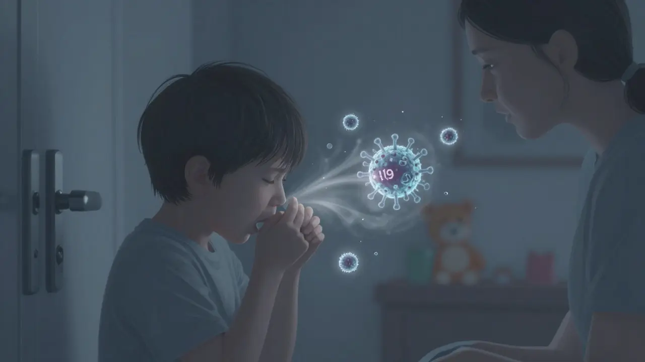 Viditelné kapénky s viry se šíří vzduchem mezi nemocným dítětem a dospělým.