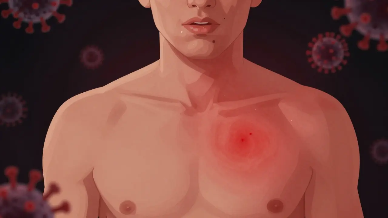 Vyrážka se šíří po těle dospělého, s charakteristickými bílými skvrnami uvnitř úst.