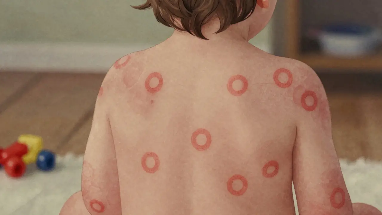 Záda dítěte s síťovitými červenými vyrážkami, které připomínají křížovou tkaninu.