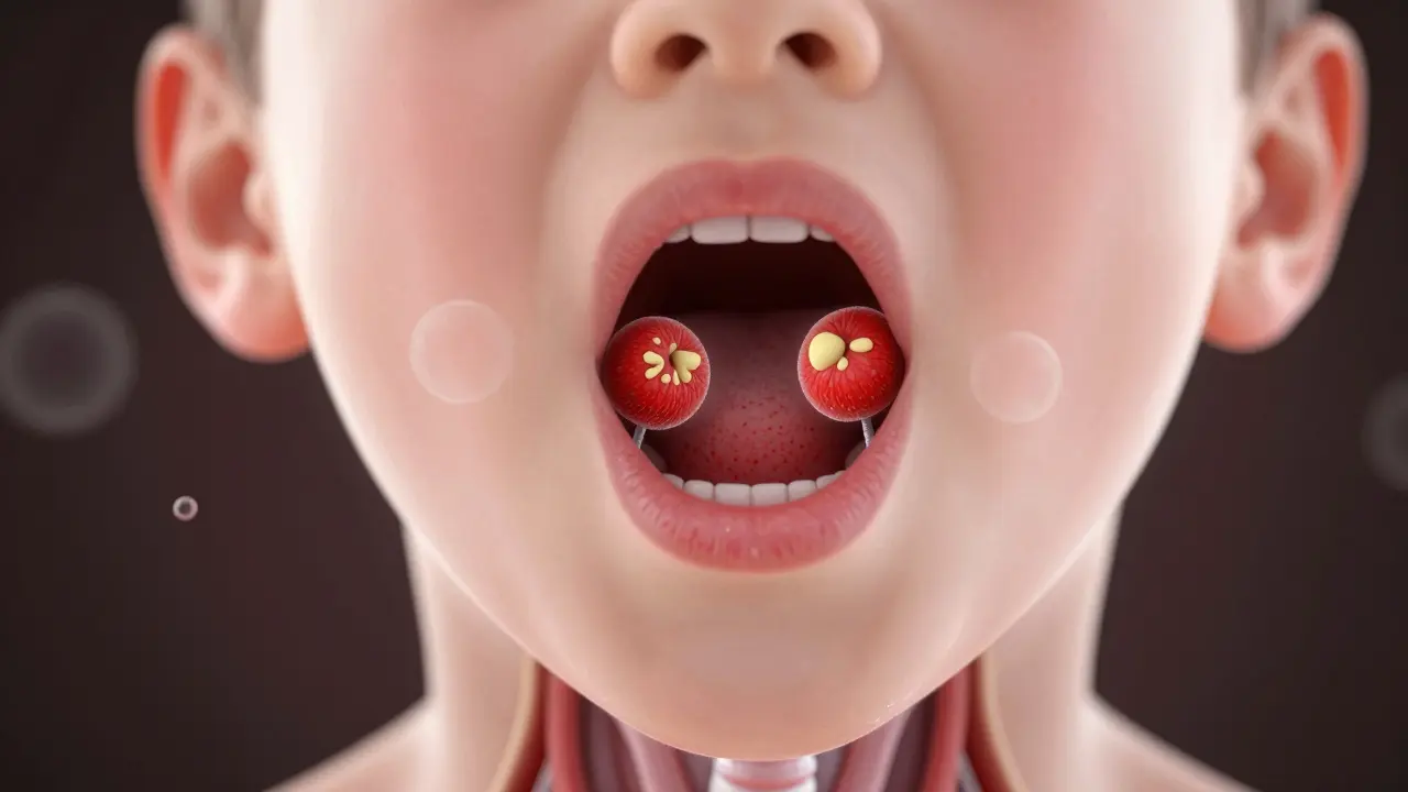 Zvětšený pohled na červené tonsily s bílými skvrnami a červenými tečkami na patře.