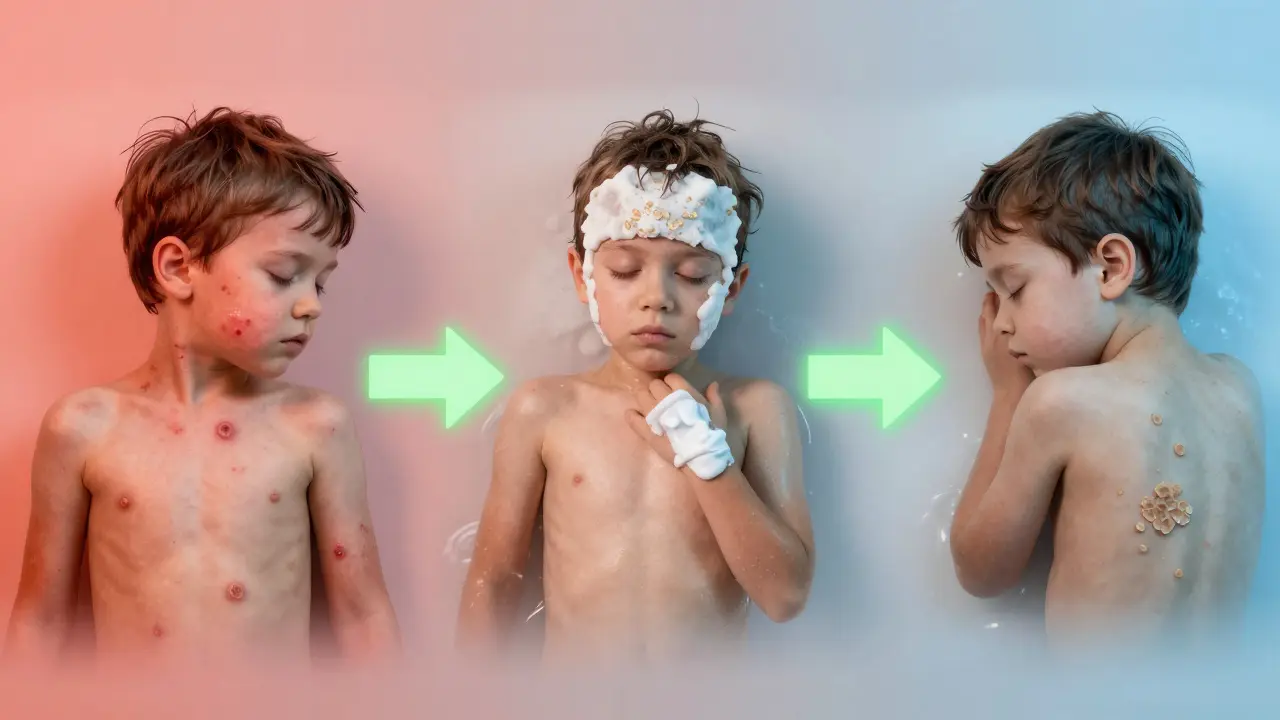 Časová osa přechodu od vyrážky po hojení s vysychajícími krustami.