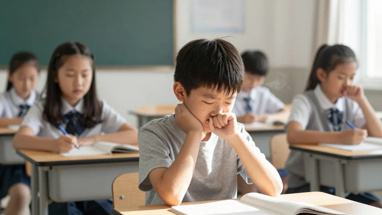 Děti ve třídě, jedna kašle, vzduch ukazuje přenos viru neviditelnými kapkami.