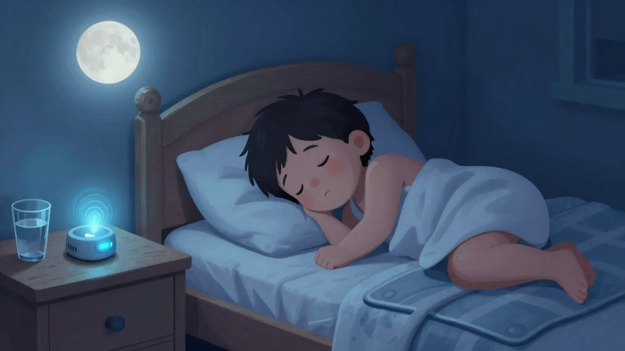 Dětská ložnice v noci s vodou, ochrannou podložkou a aktivním alarmem.