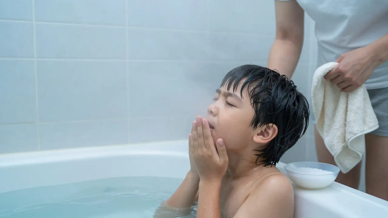 Dítě dýchá paru v koupelně, kde je teplá voda v vaně a roztok soli na okraji.