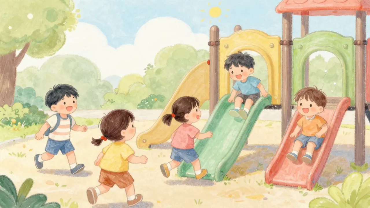 Dítě hraje na školním hřišti po 24 hodinách léčby antibiotiky.