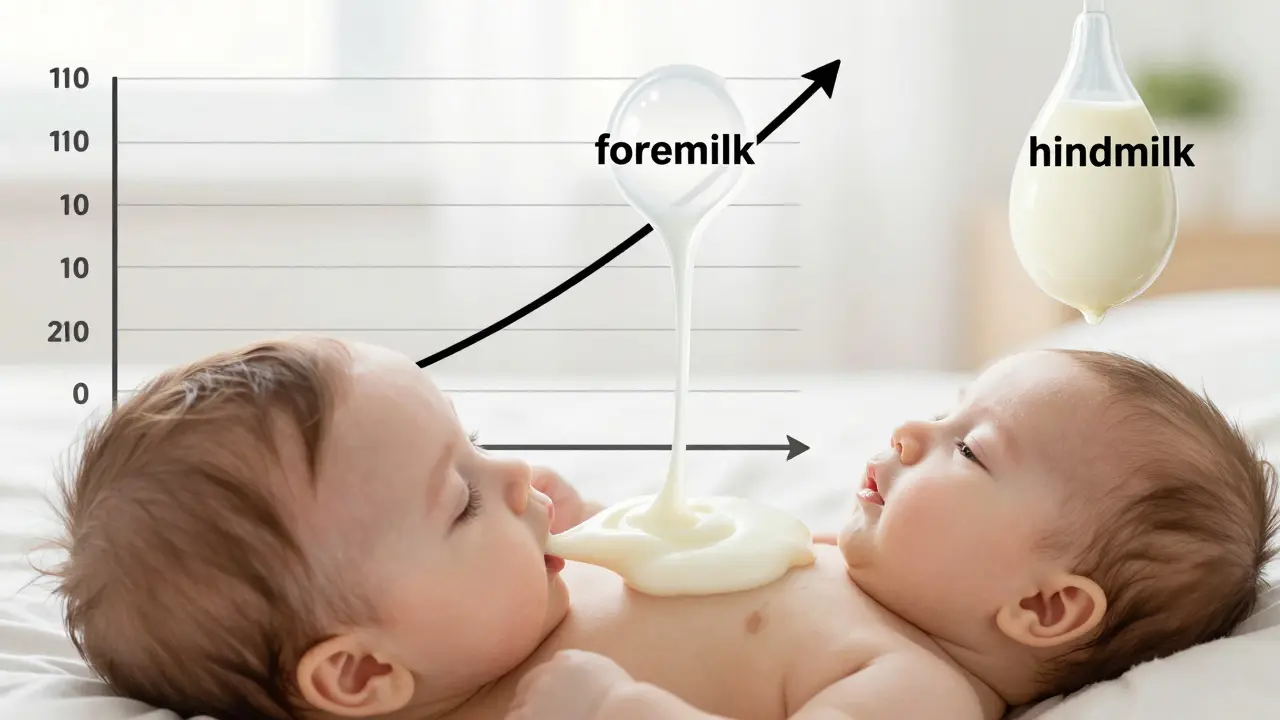 Dítě kojí na jednom prsu, přičemž tekuté a husté mléko proudí z prsu.