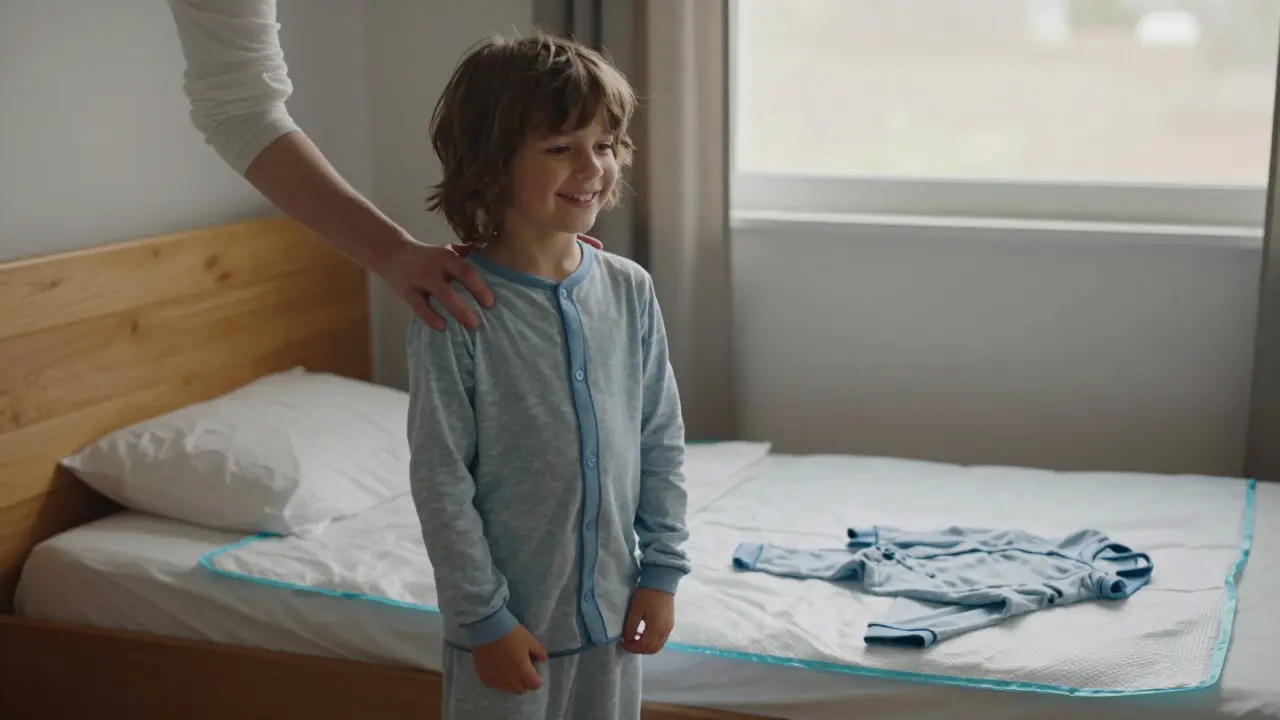 Dítě mění pyžamo po nočním nechtěném močení, rodič ho podporuje.