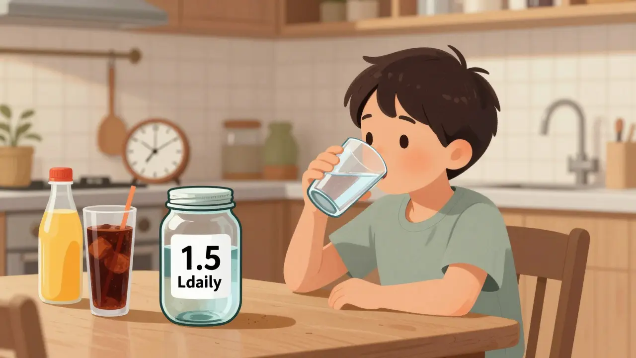 Dítě pije vodu u stolu, vedle něj je nádoba s označením denní dávky.