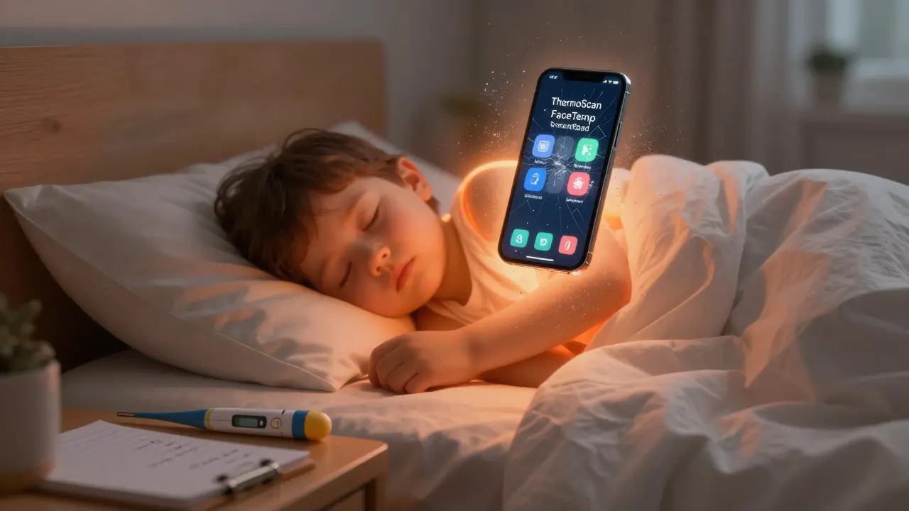 Dítě s horečkou spí, zatímco nepravdivé aplikace na telefonu zanikají, zatímco lékařský teploměr zůstává na nočním stolku.
